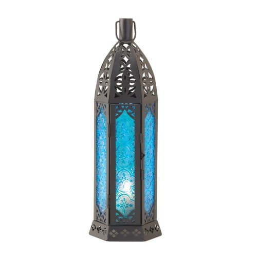 Tall Floret Blue Candle Lantern